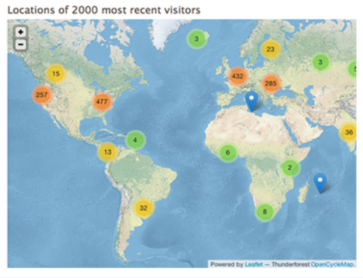 Map showing locations of 2,000 visitors with colored circles indicating numbers. Powered by Leaflet.