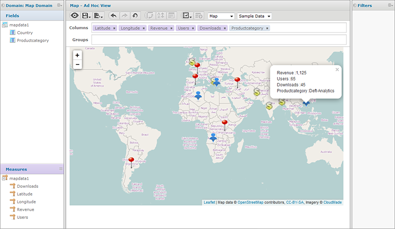 Interactive world map interface showing colored markers representing data metrics, with a pop-up displaying detailed information on revenue and downloads.