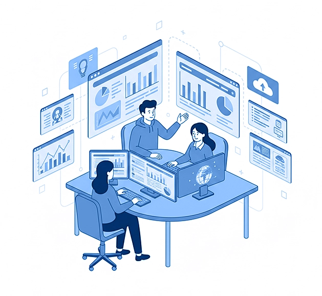 Data analysts working with various screens, symbolizing advanced BI capabilities.