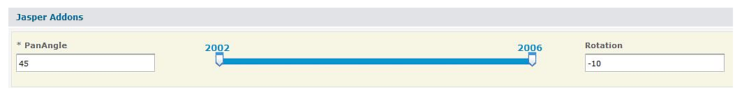 Slider interface labeled Jasper Addons with a blue bar ranging from 2002 to 2006. PanAngle is 45, and Rotation is -10. Clean, data-focused design.