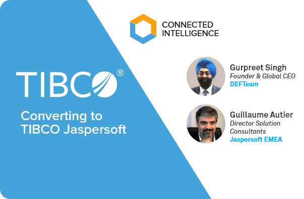 TIBCO Jaspersoft webinar banner showing TIBCO logo on a blue background at left and Images and names of two presenters, Gurpreet Singh & Guillaume Autier, with their titles and companies.